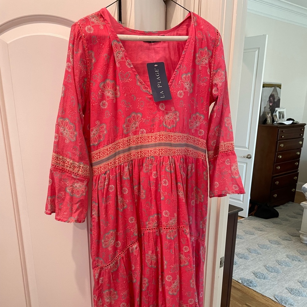 NWT la place high-low midi dress spring pink and blue pattern